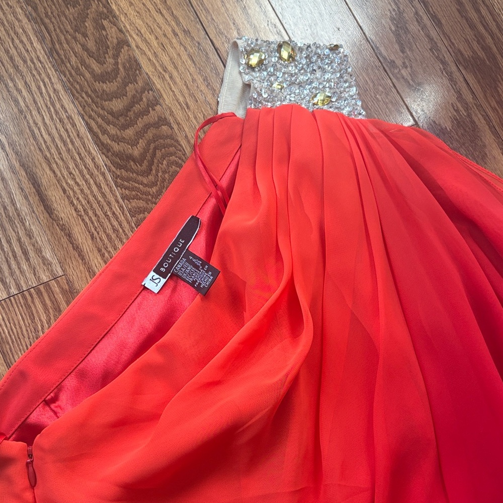 JS Boutique Vibrant Red Dress with Embellished Neckline